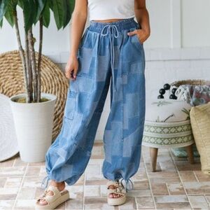 Blue Patchwork Drawstring Pants